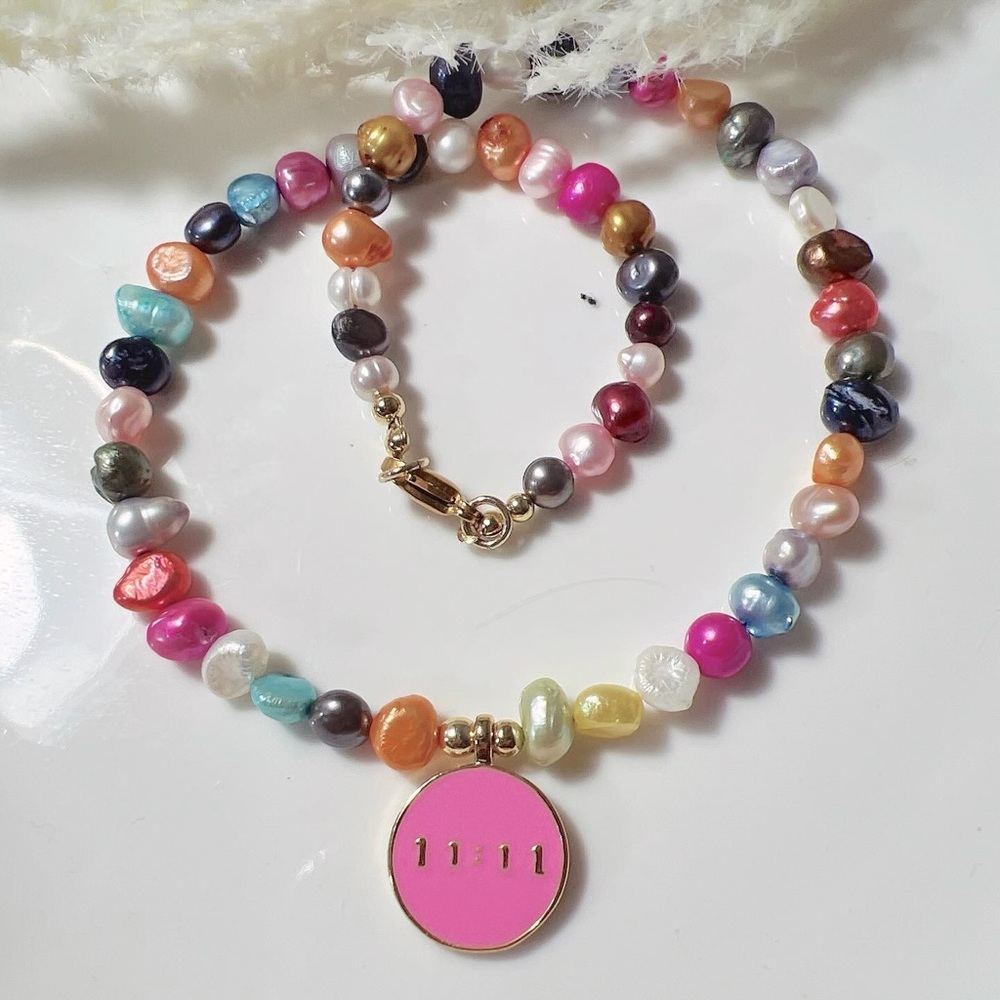Multicolor Freshwater Pearls Necklace with Gold Plated 11:11 Pink Charm